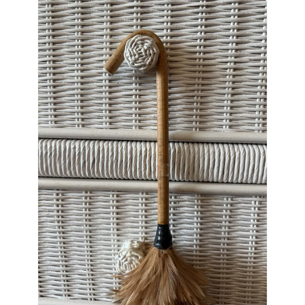 Vintage Chinese Chicken Feather Duster w/ Hooked Bamboo Handle 24-26
